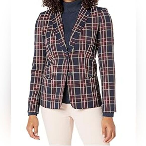 Tommy Hilfiger Navy Red Royal Stewart Plaid Professor Patch Elbow Blazer Size 8 - Picture 13 of 13